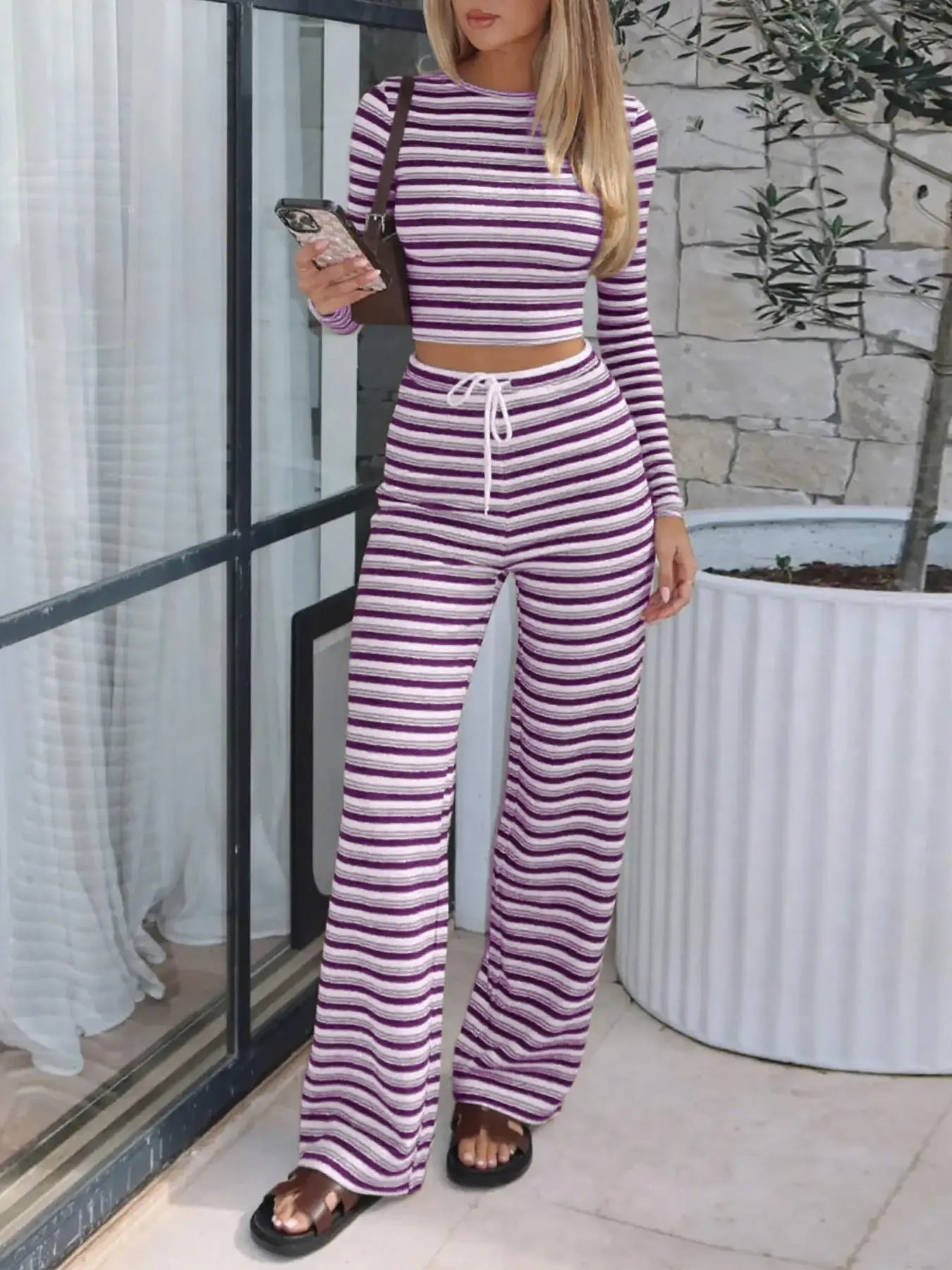 Elevate Your Everyday Style with Our Women's Striped Long Sleeve Top and Relaxed Printed Pants Set