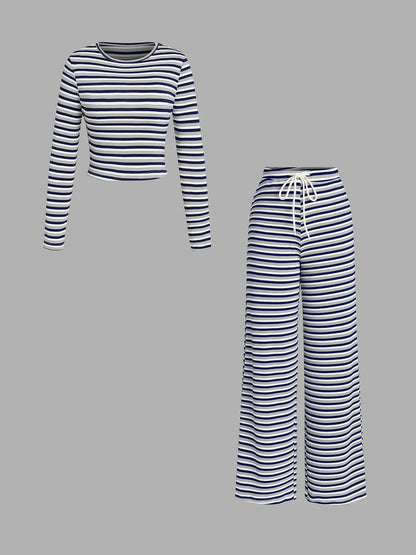 Elevate Your Everyday Style with Our Women's Striped Long Sleeve Top and Relaxed Printed Pants Set