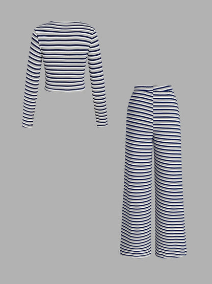 Elevate Your Everyday Style with Our Women's Striped Long Sleeve Top and Relaxed Printed Pants Set