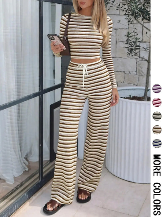 Elevate Your Everyday Style with Our Women's Striped Long Sleeve Top and Relaxed Printed Pants Set