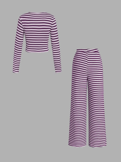 Elevate Your Everyday Style with Our Women's Striped Long Sleeve Top and Relaxed Printed Pants Set