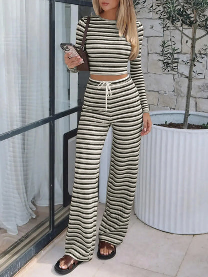 Elevate Your Everyday Style with Our Women's Striped Long Sleeve Top and Relaxed Printed Pants Set